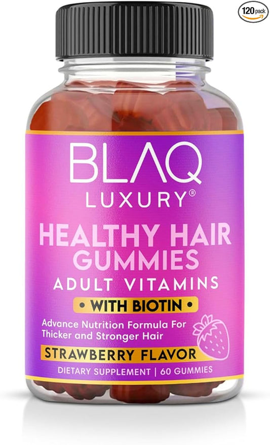 Blaq Luxury Biotin Gummies - Hair Growth Vitamins with 5000mcg Biotin per Serving | Vitamins B12, B6, Folic Acid, Iodine, Zinc | Hair Supplement for Hair Growth | for Women & Men | 1 Month Supply