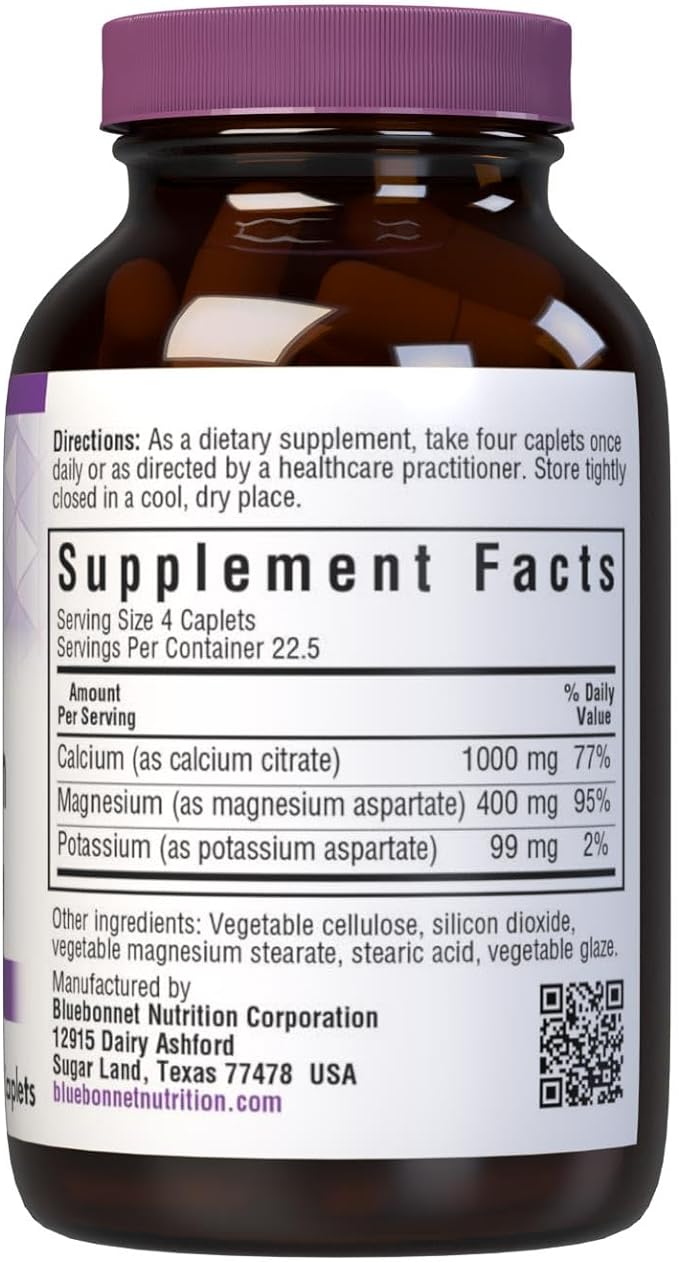 Bluebonnet Calcium Magnesium Potassium Supplement for Women & Men - Supports Healthy Bones - Calcium 1000mg Mineral Supplement Chelate Form - Non-GMO, Vegan, Gluten-Free – 90 Caplets