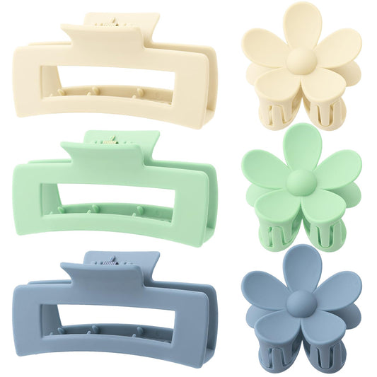 6 Pack 4.1 Inche Large Rectangle Hair Claw Clips Matte Flower Hair Clips, For Women Thin Thick Curly Hair, Cute Colorful Hair Cl