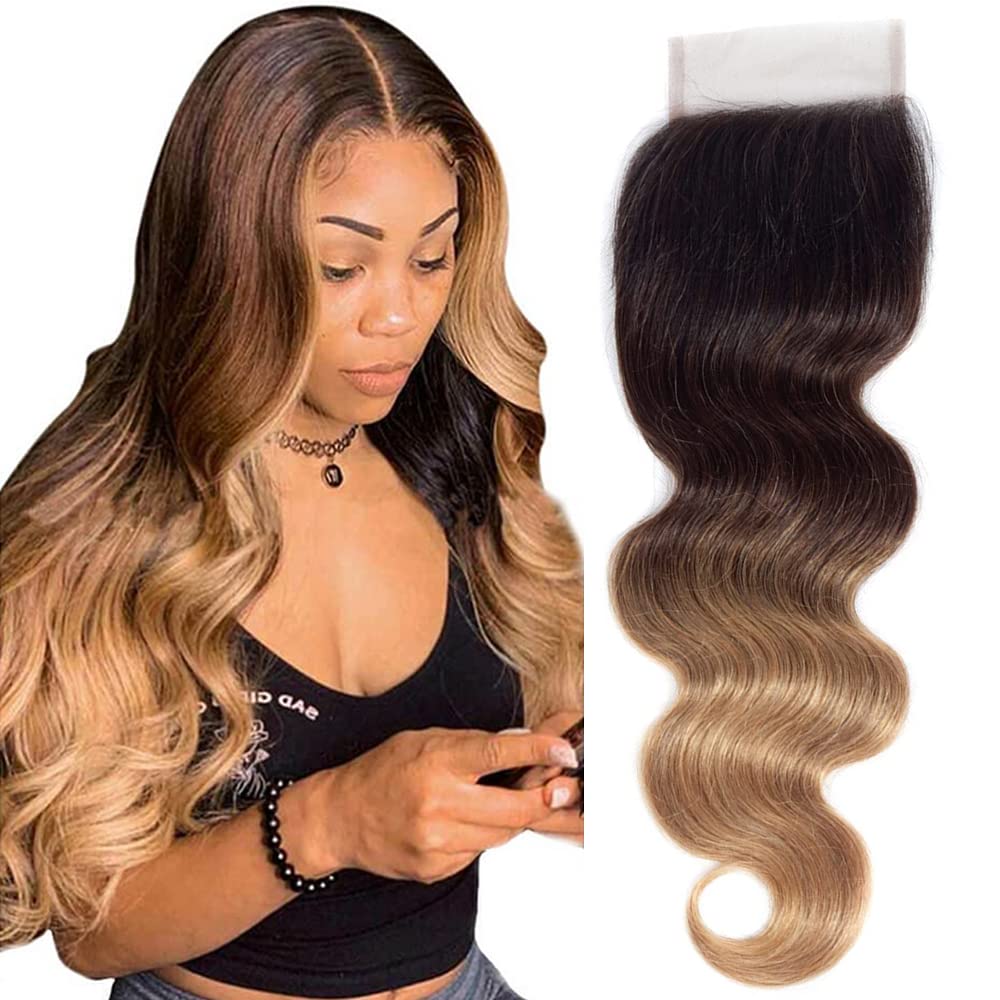 Qthair 14A Ombre Body Wave Human Hair Closure T1B/4/27 Color Brazilian Virgin Human Hair Ombre 3 Tone Body Wave Human Hair 4X4 L