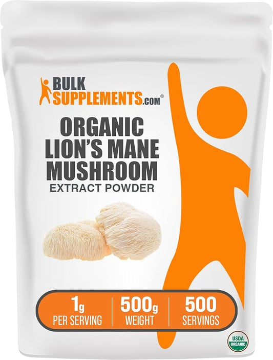 BulkSupplements.com Organic Lion's Mane Mushroom Extract Powder - Lions Mane Supplement Powder, Superfood for Well-Being - Vegan, 1g per Serving, 500g (1.1 lbs) (Pack of 1)