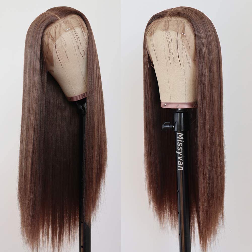 Missyvan Lace Front Wig Straight Hair Brown Color 22'' Long Wigs Glueless Heat Resistant Fiber Hair Highlight Synthetic Lace Fro
