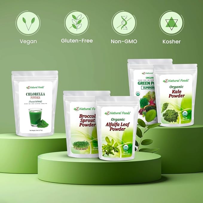 Z Natural Foods Chlorella Powder, Cracked Cell Wall Plant Protein, Blue Green Algae Superfood Powder, Perfect for Smoothies, Drinks, Recipes, Raw, Non GMO, Gluten Free, Vegan, 1 lb