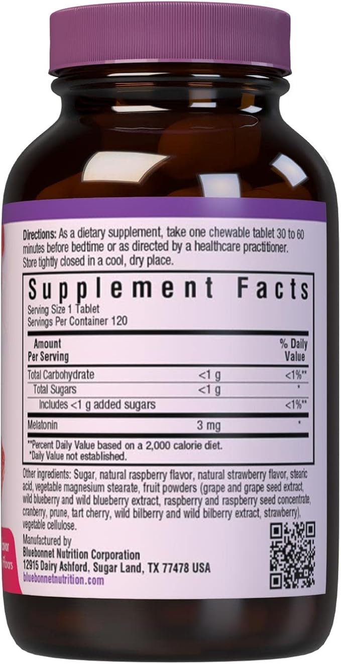 Bluebonnet Nutrition EarthSweet Melatonin 3 mg Fast-Acting Quick Dissolve Nighttime Relaxation & Restful Sleep Support - Sleep Aid - Gluten-Free, Vegan - Raspberry Flavor - 120 Chewable Tablets
