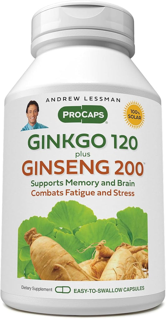ANDREW LESSMAN Ginkgo 120 Plus Ginseng 200-240 Capsules - Standardized Extract Blend to Support Brain, Memory and Cognitive Function. Adaptogen, Combats Stress and Fatigue. No Additives