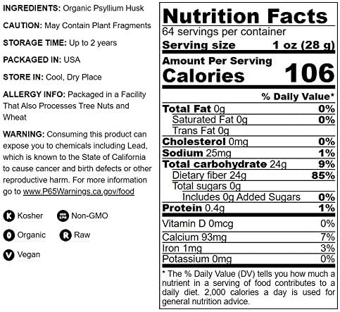 Food to Live - Organic Whole Psyllium Husks, 4 Ounces - Non-GMO Flakes, Vegan, Rich in Dietary Fiber, Natural Food Thickener, Great for Baking