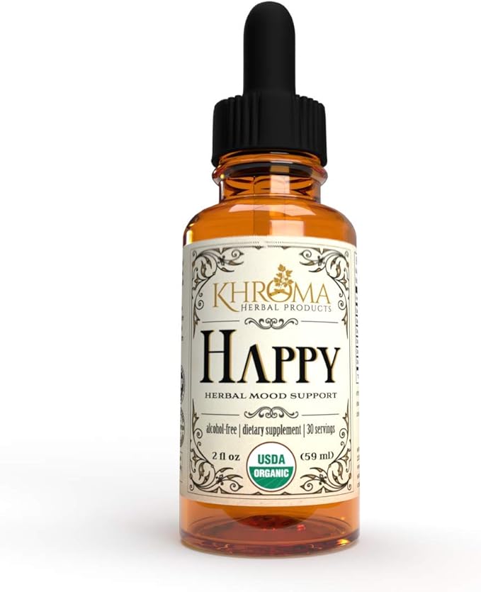 Happy Organic Mood Supplement - by Khroma Herbs - 30 Servings - Made in USA - Packed in a Glass Bottle