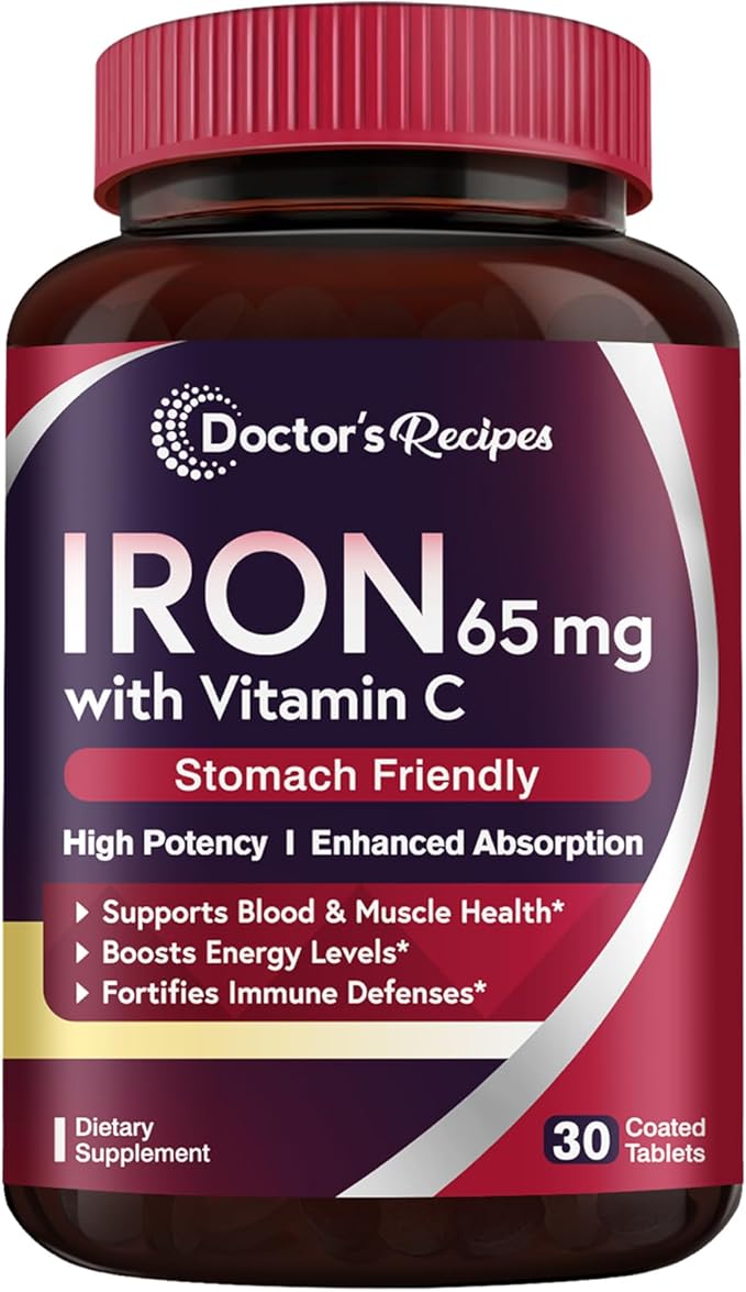Doctor's Recipes Iron Supplement 65 mg with Vitamin C - Maximized Absorption & Stomach Friendly Iron Pills for Red Blood Cells Formation, Heart, Brain & Immunity Health - Vegan Non-GMO 30 Iron Tablets
