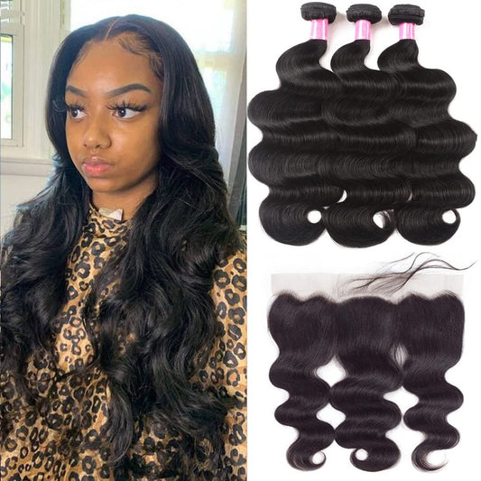 Brazilian Body Wave Bundles With Lace Frontal (10 12 14+10 Frontal) 100% Unprocessed Human Hair 3 Bundles With 13X4 Lace Closure