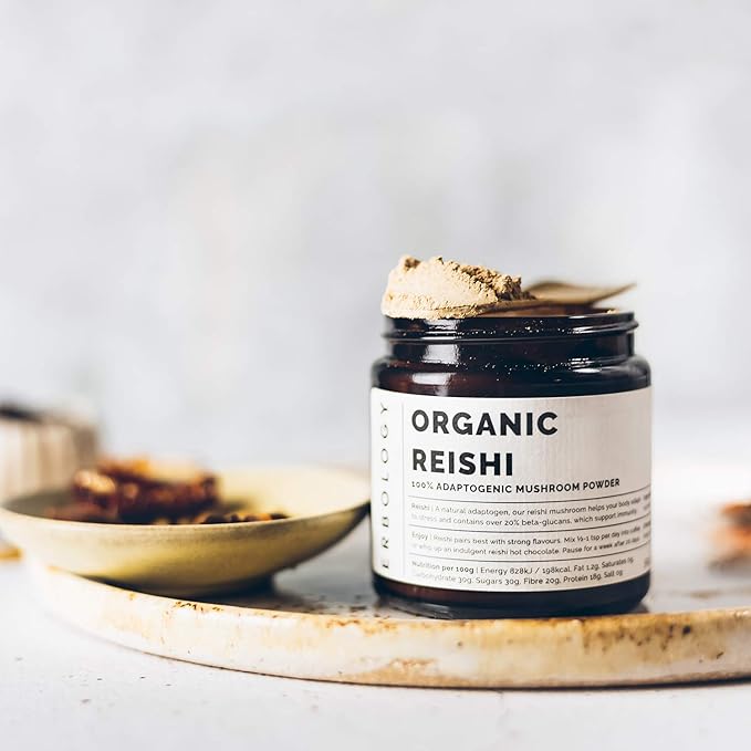 Erbology Organic Reishi Mushroom Powder 50 Servings - 21% Beta-glucans - Immunity Support - Ganoderma Lucidum - Small Batch - Sustainably Grown in Europe - Vegan - Non-GMO - No Added Fillers