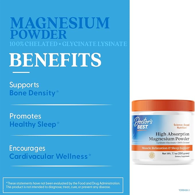 Doctor's Best High Absorption Magnesium Powder,White, 100% Chelated TRACCS, Not Buffered, Headaches, Sleep, Energy. Non-GMO, Vegan, Gluten Free, 200G, 7.1 Ounce (Pack of 1)