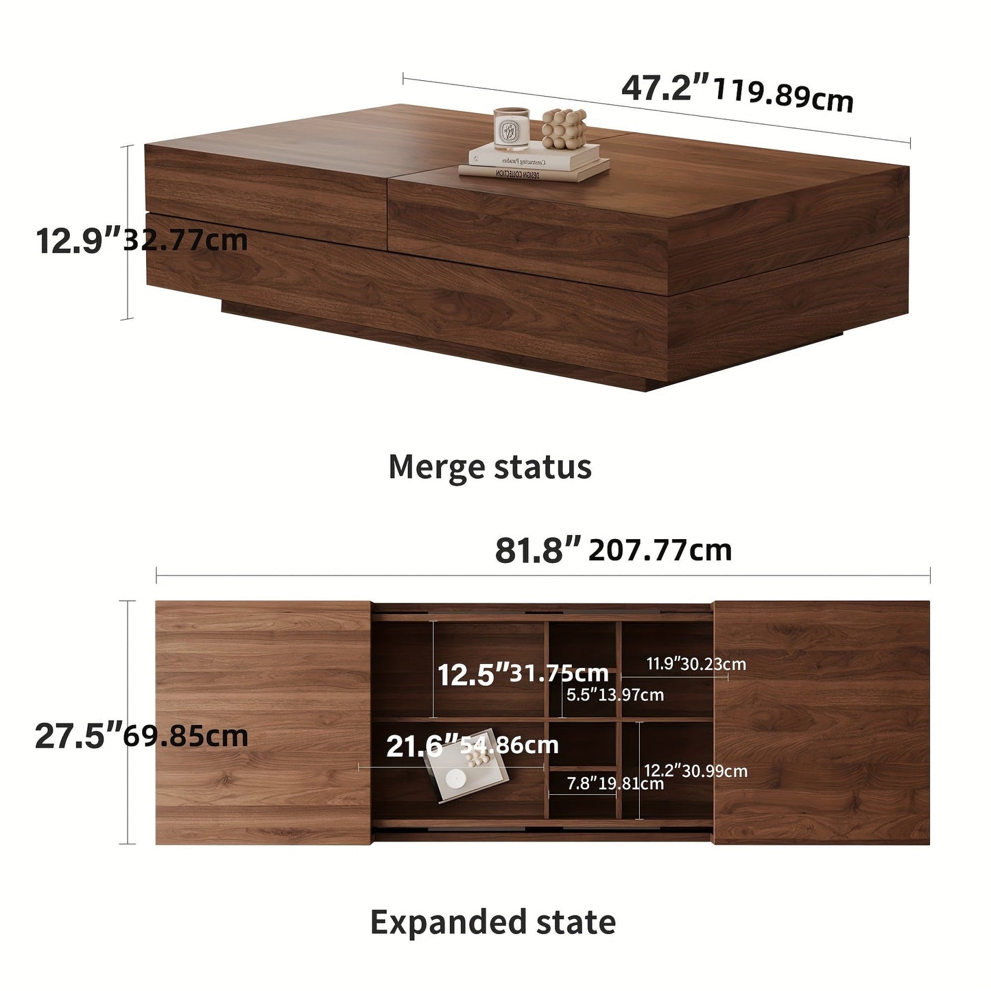 Mid-Century Modern Expandable Coffee Table with Large Storage, Centerpiece for Living Room, Walnut