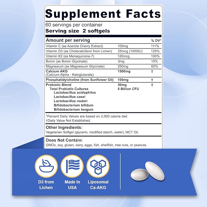 Liposomal Calcium AKG Supplement 1500mg with Vitamin D3 & K2 Softgels for Women & Men, Calcium Supplement with Magnesium Glycinate, Boron, Probiotics & Vitamin C for Bone Health & Energy - 120Cts