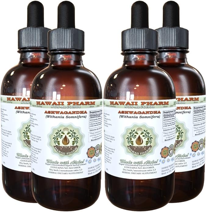 Ashwagandha Alcohol-Free Liquid Extract, Organic Ashwagandha (Withania Somnifera) Dried Root Glycerite Hawaii Pharm Natural Herbal Supplement 4x4 oz
