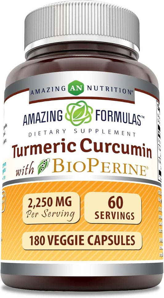 Amazing Formulas Turmeric Curcumin with Bioperine Supplement | 2250 Mg per Serving | Veggie Capsules | Non-GMO | Gluten-Free | Made in USA (1 Pack, 180 Count)