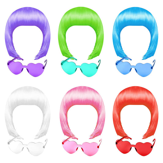 Miahart 6 Pcs Short Bob Wig And 6 Pcs Sunglass Set, Neon Colored Wigs Colorful Cosplay Wigs Daily Party Hairpieces For Bachelore