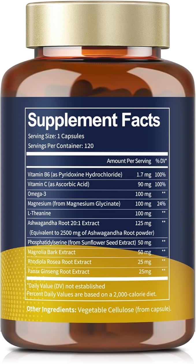 Cortisol Supplement with Ashwagandha,Magnesium,Rhodiola Rosea,L Theanine,Hormone Balance for Women 120 Vegan Capsules (Pack of 1)