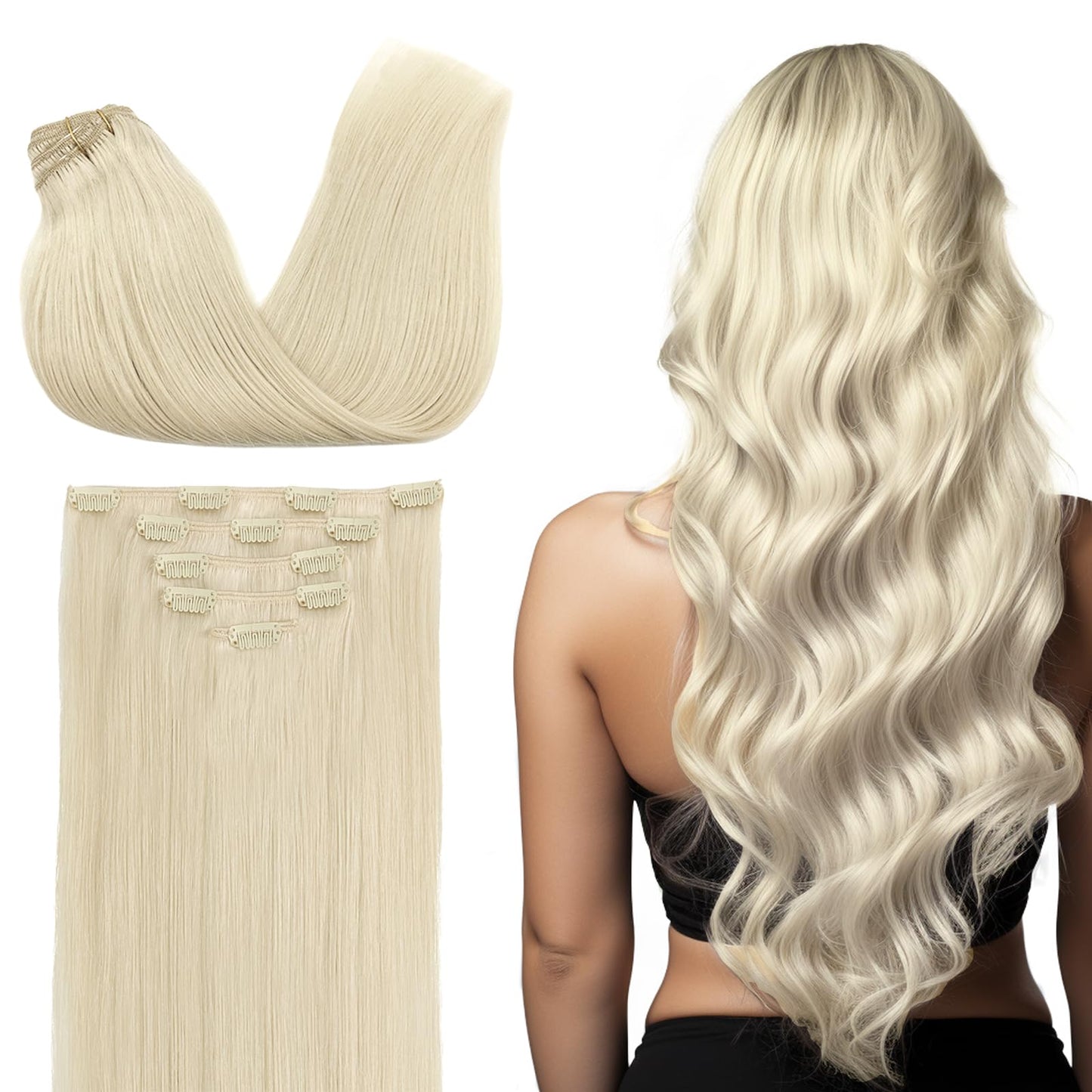 Doores Hair Extensions Clip In Human Hair, 5Pcs 75G 14 Inch Platinum Blonde Clip In Human Hair Extensions Remy Straight Natural