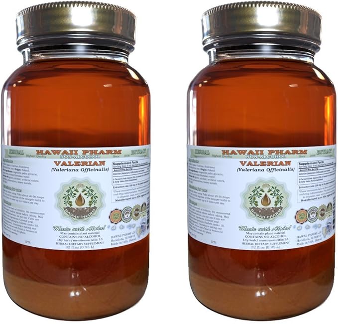 Valerian Alcohol-Free Liquid Extract, Organic Valerian (Valeriana Officinalis) DriedRoot Glycerite Natural Herbal Supplement, Hawaii Pharm, USA 2x32 fl.oz