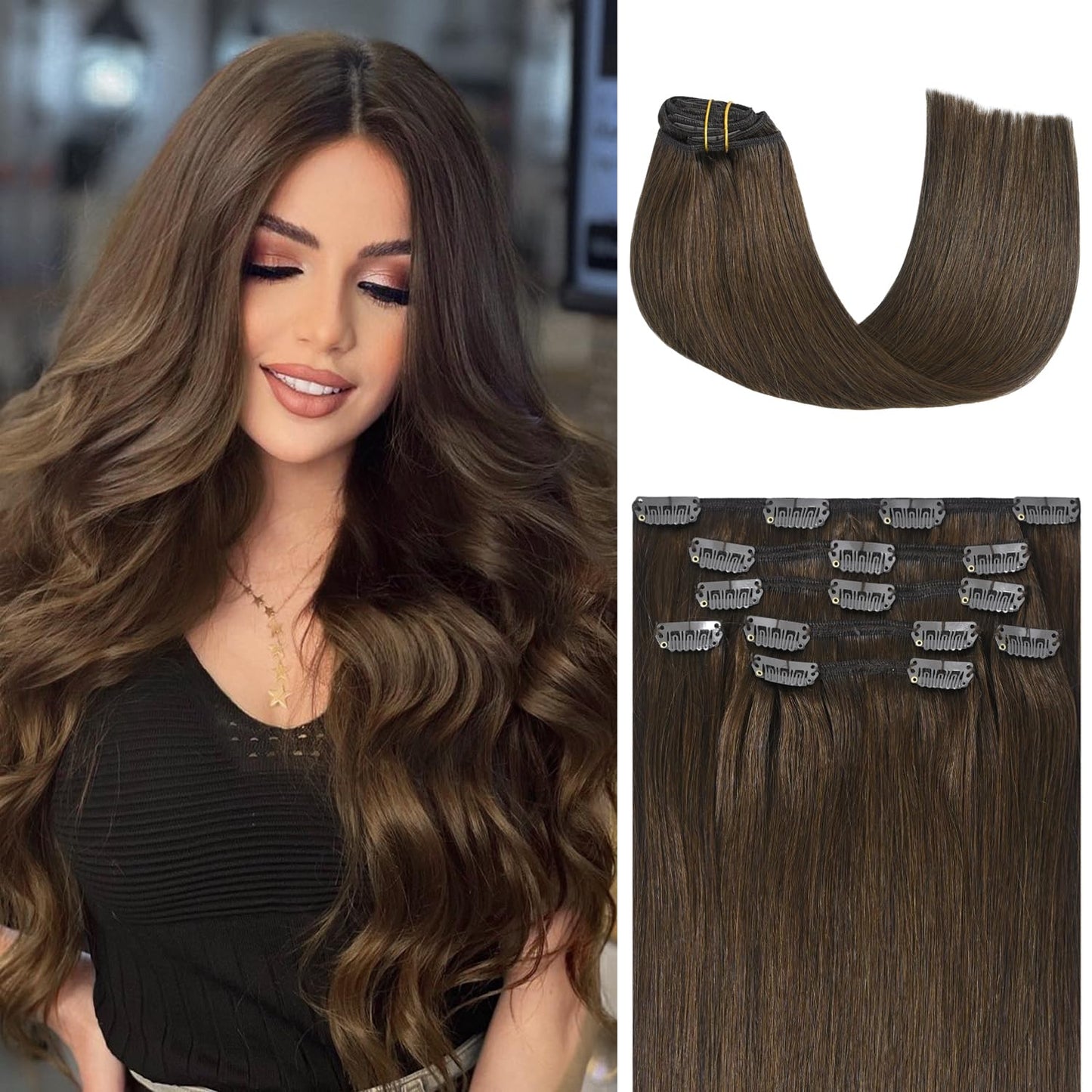 Honsoo Seamless Medium Brown Clip In Hair Extensions Real Human Hair 18In 70G 7Pcs Vrigin 9A Natural Hair Extensions For Women
