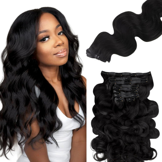 Lashey Seamless Clip In Hair Extensions Human Hair 130G 9Pcs 16 Inch Body Wave #1 Jet Black Clip In Hair Extensions For Women Na