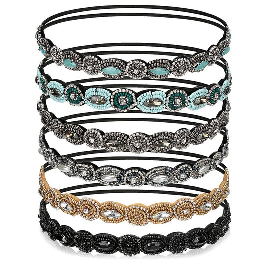 6 Pack Elastic Rhinestone Headbands For Women, Vintage Beads Rhinestone Hair Headband, Handmade Fashionable Diamond Elastic Head