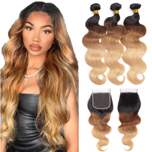 12A Ombre Bundles Human Hair With Closure (18 20 22+18'') Ombre Human Hair 3 Bundles With Closure 100% Unprocessed Virgin Brazil