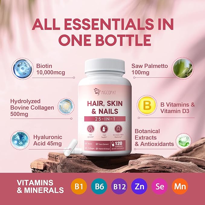 Biotin | Collagen | Vitamin, 25-in-1 Formula Hair, Skin & Nails Supplement with Vitamin B, C, D3, E, Folate, Iron - Supports Hair Growth, Skin Health, Nail Strength for Women
