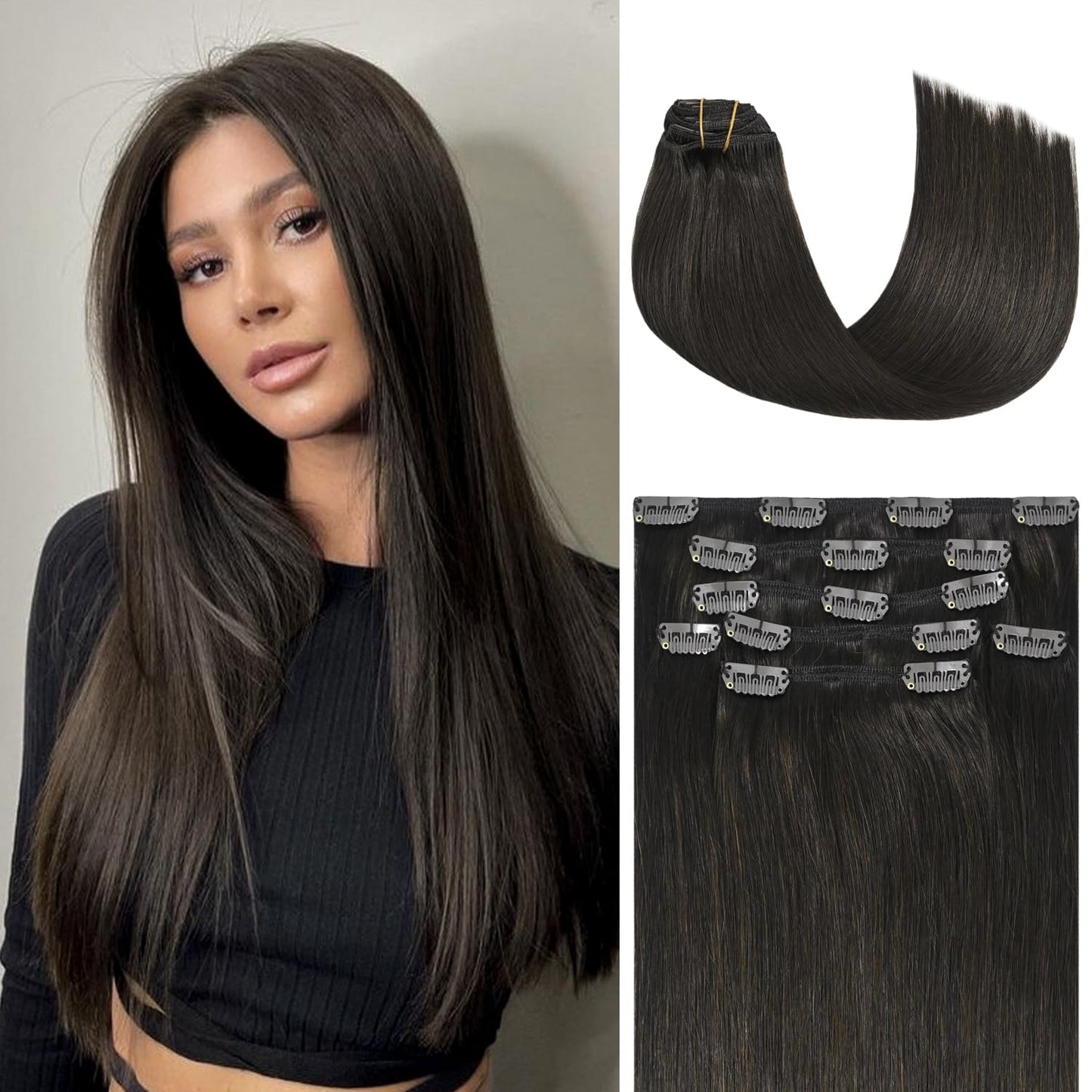 Honsoo Dark Brown Clip In Human Hair Extensions 70G 7Pcs 15Inch Real Human Soft Thick Human Hair Extensios No Shedding For Full
