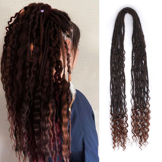 Lounoke 24 In Boho Braid Dreadlock Extensions, 10 Strands Ombre Auburn Synthetic Curly Dreads Extensions With Box Braid, 100% Ha