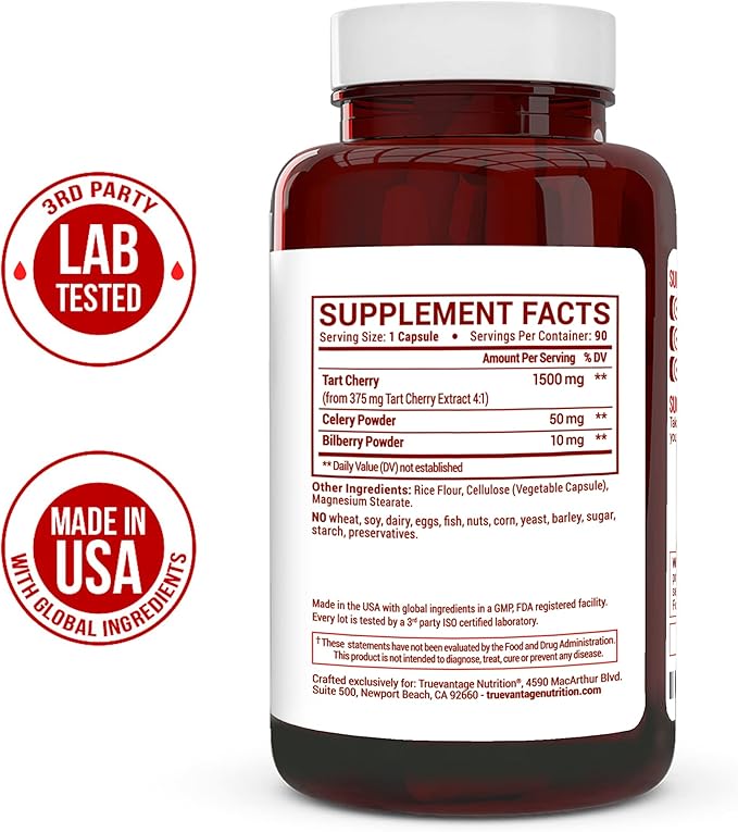 Tart Cherry Extract Capsules with Celery Seed Extract and Bilberry for Joint Support, Muscle Recovery, and Uric Acid Flush Support, Made in The USA - 90 Tart Cherry Capsules