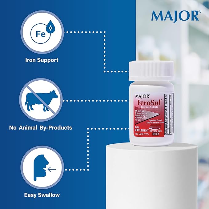 MAJOR Ferosul - Ferrous Sulfate 325mg Tablets with 65mg of Elemental Iron - Iron Supplement for Women, Men - Red - 100 Tablets (3 Pack)