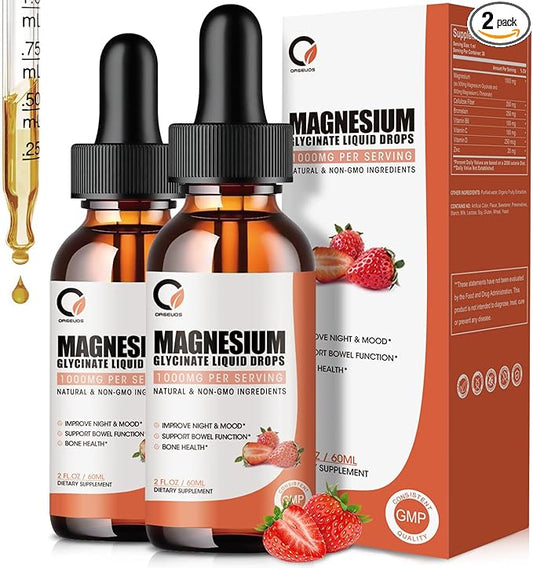 Magnesium Glycinate Liquid Drops,1000 mg Liquid Magnesium Supplement with Bromelain, Vitamin B6 C D, High Absorption Magnesium Complex for Night, Muscle & Energy Support, 2 Fl Oz (Pack of 2)