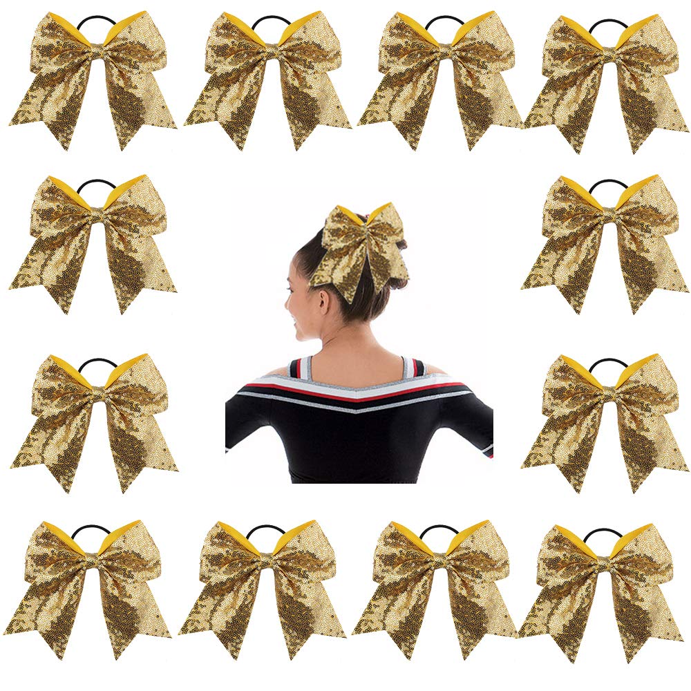 Oaoleer 12Pcs 7'''' Large Glitter Cheer Hair Bows Ponytail Holder Elastic Band Handmade For Cheerleading Teen Girls College Spor