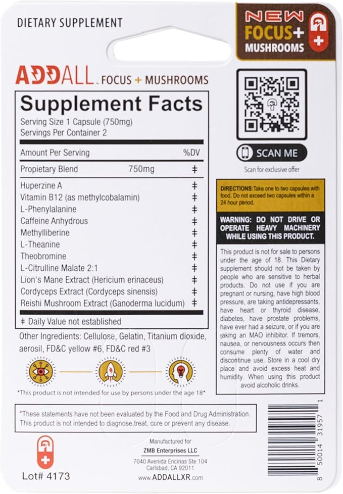 Focus + Mushrooms Memory Supplement (5 Pack) #1 Effective Alternative Brain Supplement Substitute Pills Nootropic & Energy | No Crash | Science Backed Formula | USA Made