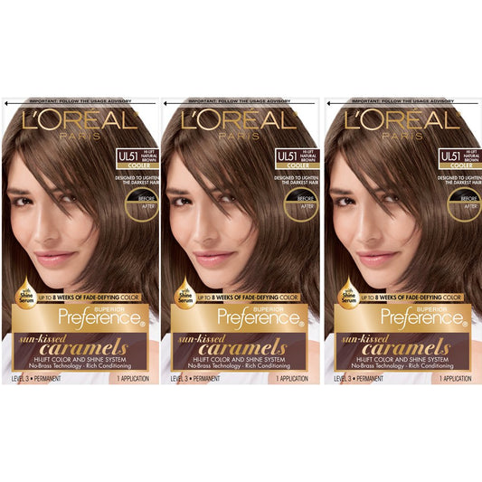 L'Oreal Paris Superior Preference Fade-Defying + Shine Permanent Hair Color, Ul51 Hi-Lift Natural Brown, Pack Of 3, Hair Dye