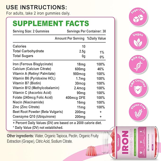 Vegan 2 Pack Iron Supplement Gummies for Women & Men, Anemia, Blood Builder & Energy Support for Iron Deficiency, with Vitamin C, A, B Complex, Folate, Beet Root, CoQ10, Zinc, Sugar Free, 120 Count