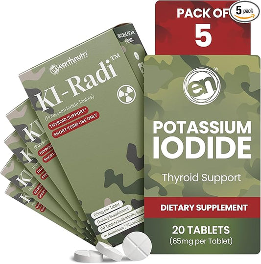 KI-Radi™ Potassium Iodide Tablets 65 mg – High Potency Iodine Supplement for Thyroid Support, Emergency Preparedness – Potassium Supplement in Foil-Foil Blister Seal – 20 Tablets (5 Pack)