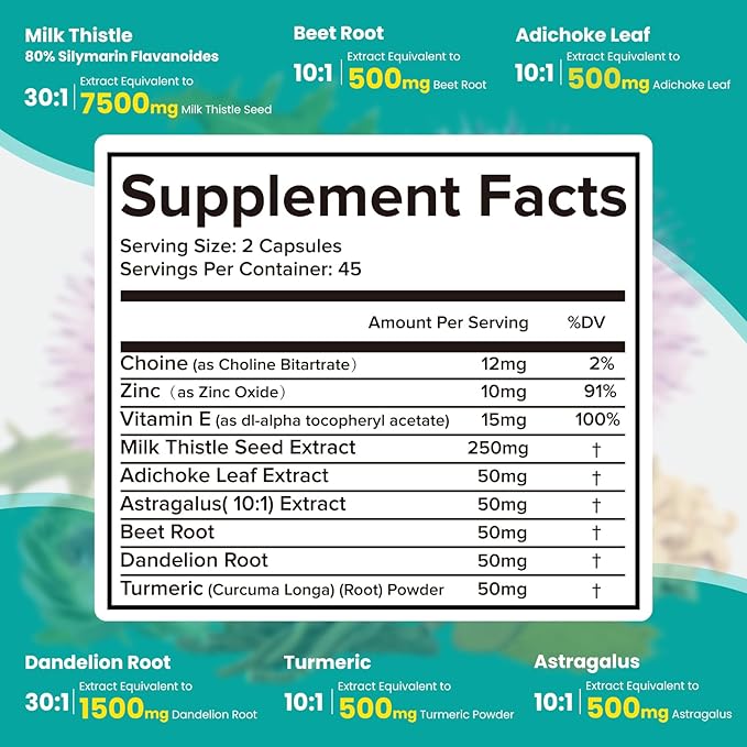 Milk Thistle Supplement - Liver Detox Cleanse Formula Herbal Liver Support with Milk Thistle, Dandelion Root, Artichoke, Turmeric, Astragalus for Liver Health, 90 Capsules-65
