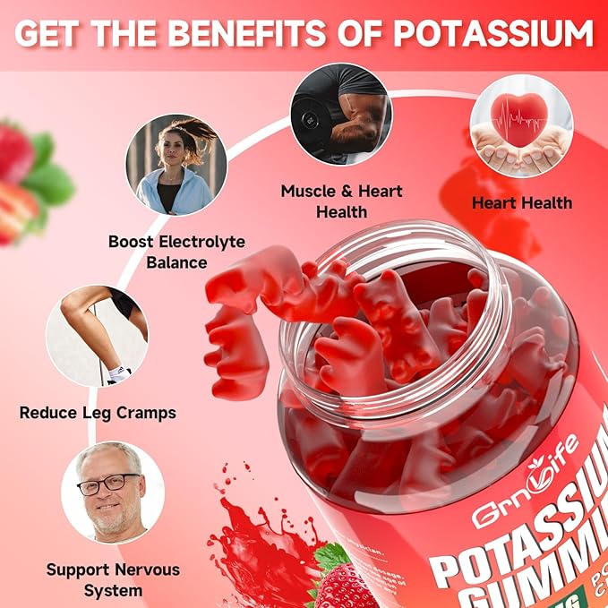 2 Pack Potassium Gummies for Adults, Potassium Chloride Gummies 1200mg Support Leg Cramps & Electrolyte Balance, Strawberry Flavor 120 Count