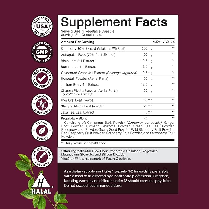 Kidney Support Supplement - High Strength Kidney Cleanse, Detox & Repair Cranberry Extract Capsules with Uva Ursi, Stinging Nettle & Chanca Piedra - Urinary Tract Health & Bladder Cleanse - 60 Caps