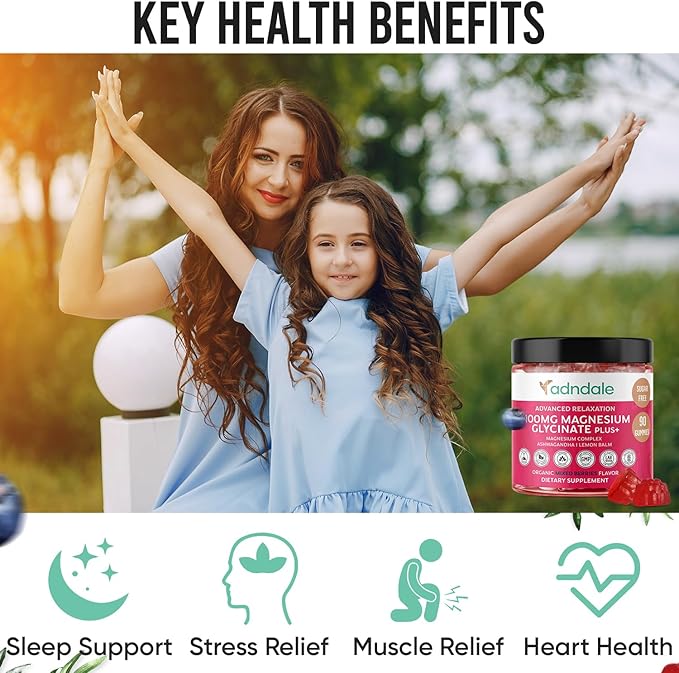 90 CT Magnesium Glycinate Gummies 400 mg/Serv - with Ashwagandha, Magnesium Malate & Taurate - Sugar Free Chews for Adults & Kids Relaxation, Stress Relief, Night Rest, Muscle & Cardio Support