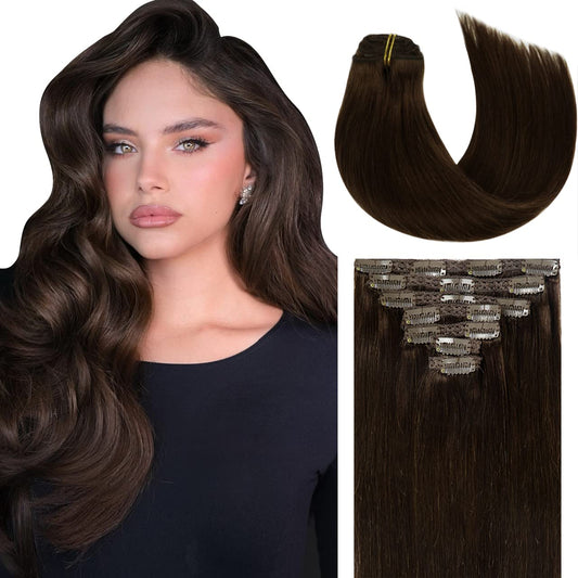 Lacer Clip In Hair Extensions Real Human Hair, Warm Dark Brown 120G 7Pcs 16 Inch Real Human Hair Extensions Clip In Straight Rem