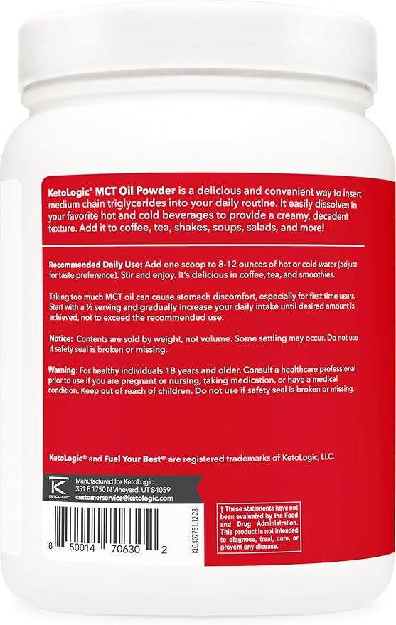 Ketologic MCT Oil Powder (1 LB) (French Vanilla) - 41 Servings, Medium Chain Triglycerides Powder Supplement