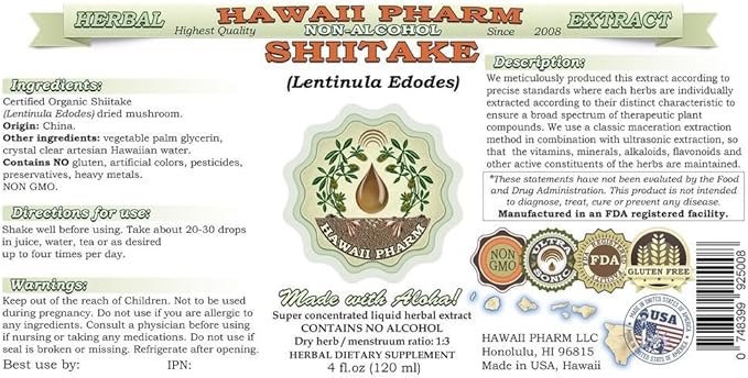 Shiitake Alcohol-Free Liquid Extract, Organic Shiitake (Lentinula Edodes) Dried Mushroom Glycerite Natural Herbal Supplement, Hawaii Pharm, USA 2x2 fl.oz