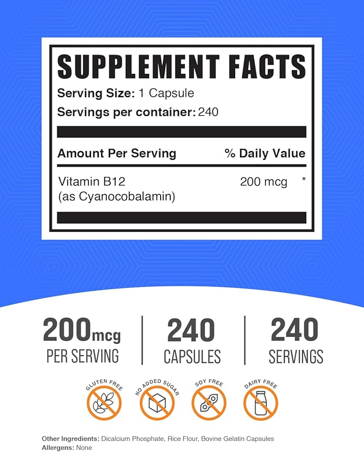 BulkSupplements.com Vitamin B12 Capsules - as Cyanocobalamin, Vitamin B Supplement, Vitamin B12 200 mcg - Energy Vitamins, Gluten Free, 1 Capsule per Serving, 240 Capsules (Pack of 1)