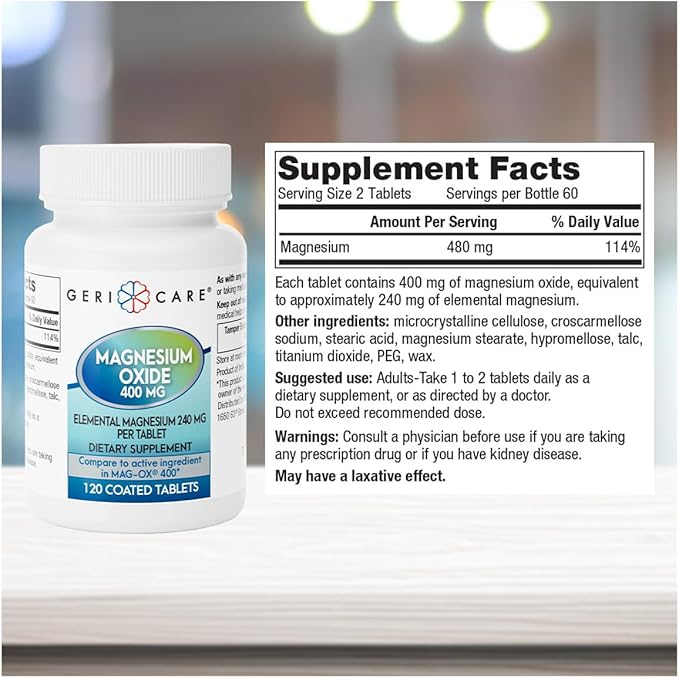 GeriCare Magnesium Oxide Supplement 240 mg of Elemental Magnesium, 120 Tablets, Essential Mineral Support, Promotes Vascular Health, Bone Strength, and Muscle Function (Pack of 3)