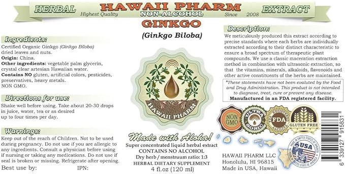 Ginkgo Alcohol-Free Liquid Extract, Organic Ginkgo (Ginkgo Biloba) Dried Leaf Glycerite Hawaii Pharm Natural Herbal Supplement 4 oz