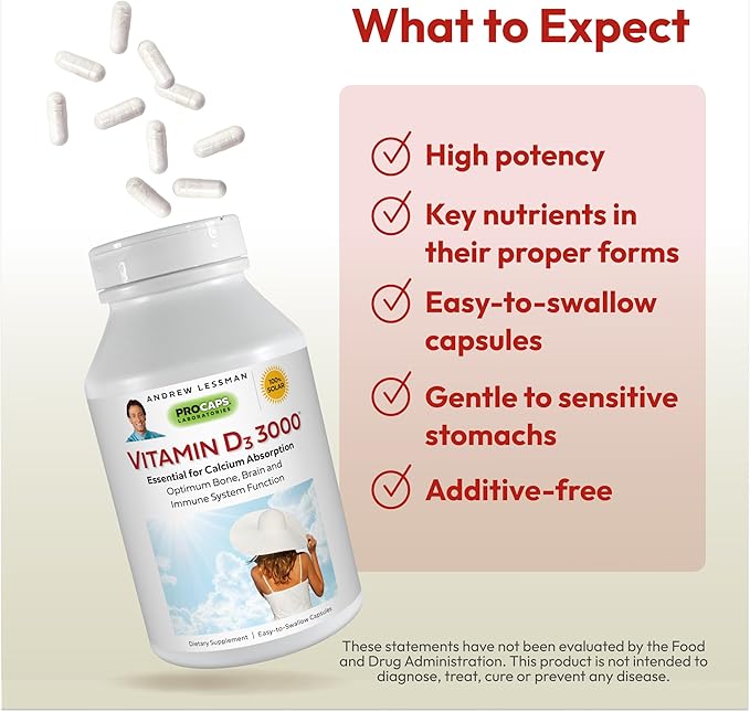 ANDREW LESSMAN Vitamin D3 3000 IU 60 Capsules - High Potency, Essential for Calcium Absorption, Supports Bone Health, Healthy Muscle Function, Immune System, More. Small Easy to Swallow Capsules