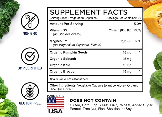 FarmHaven Magnesium Glycinate & Malate Complex w/Vitamin D3, 100% Chelated for Max Absorption, Vegetarian – Bone Health, Nerves, Muscles, 120 Capsules, 60 Days